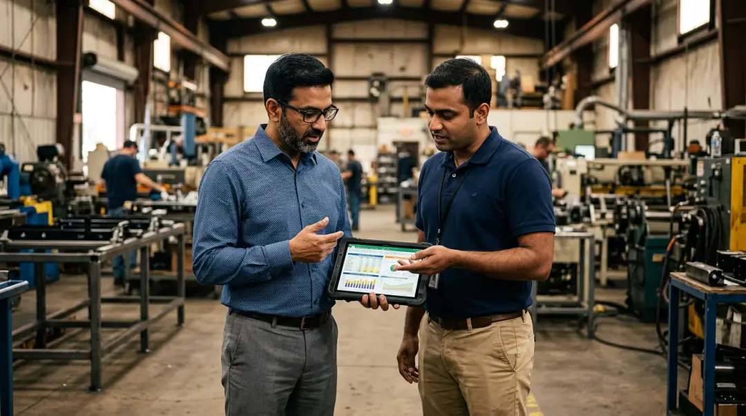 Business owner reviewing a solar-plus-BESS cost breakdown on a tablet with a solar advisor on the manufacturing shop floor.