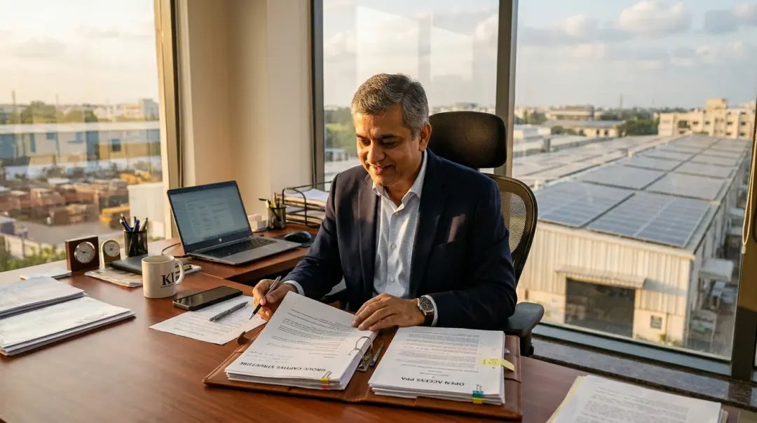Indian factory owner reviewing two contract folders side-by-side — a group captive structure and an open-access PPA.