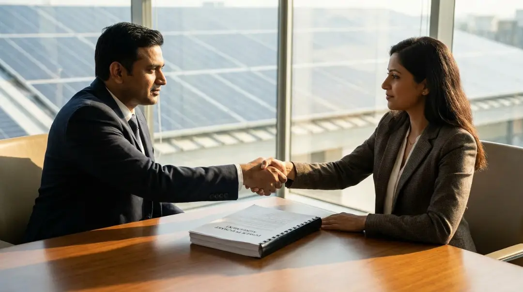 Indian business owner and solar developer reviewing a Power Purchase Agreement across a boardroom table.