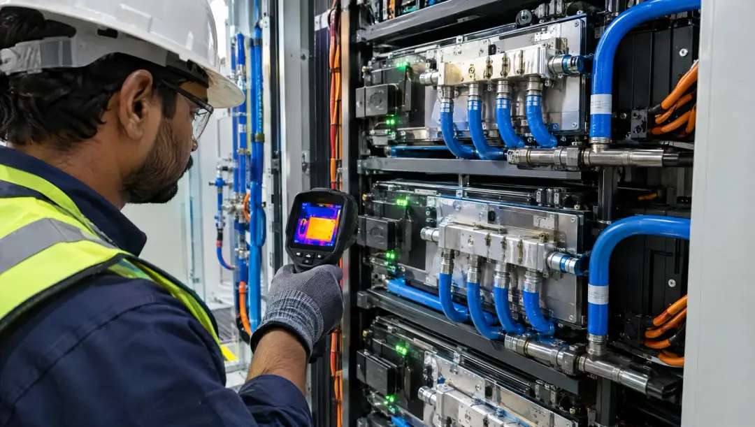Technician checking liquid-cooled LFP battery modules with a thermal camera inside a storage container.