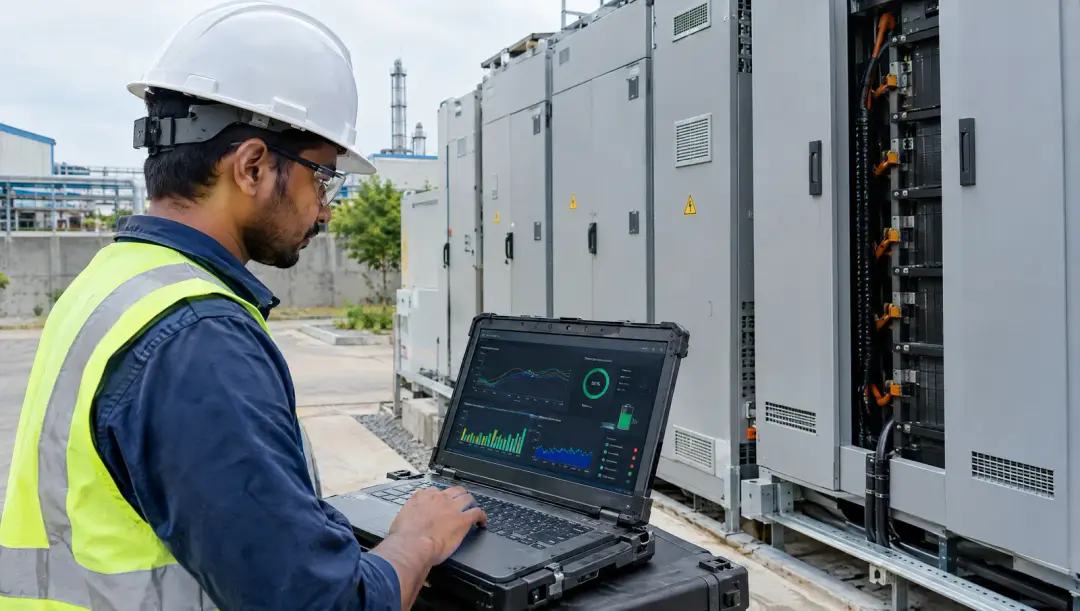 Engineer reviewing battery temperature and state-of-charge data from the battery management system beside outdoor battery cabinets.