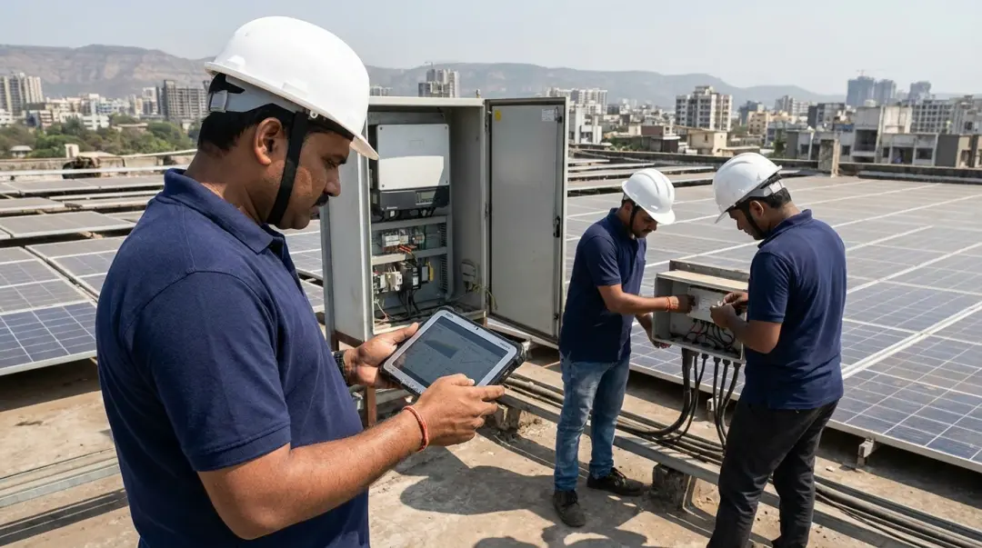 Indian solar EPC installation team commissioning a rooftop plant on a manufacturing unit.