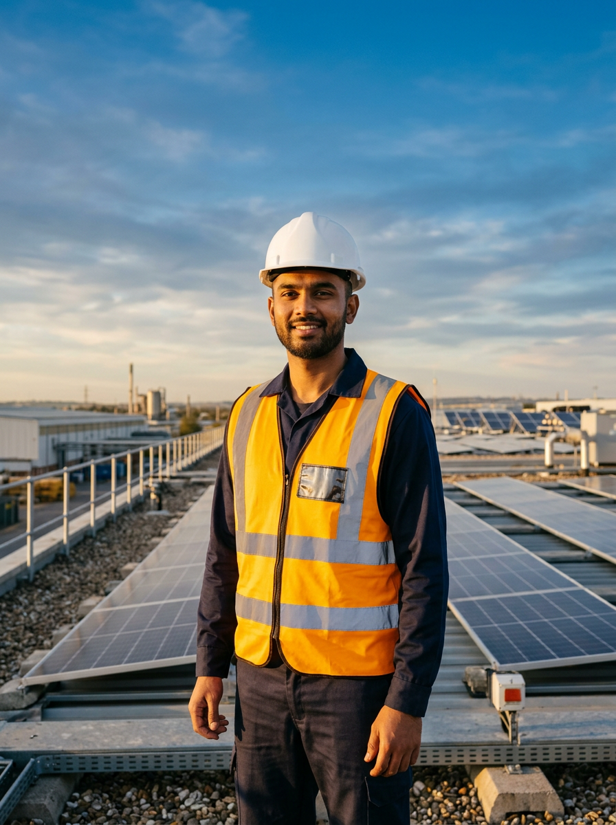 Powermore solar engineer reviewing SCADA dashboard on a commercial rooftop