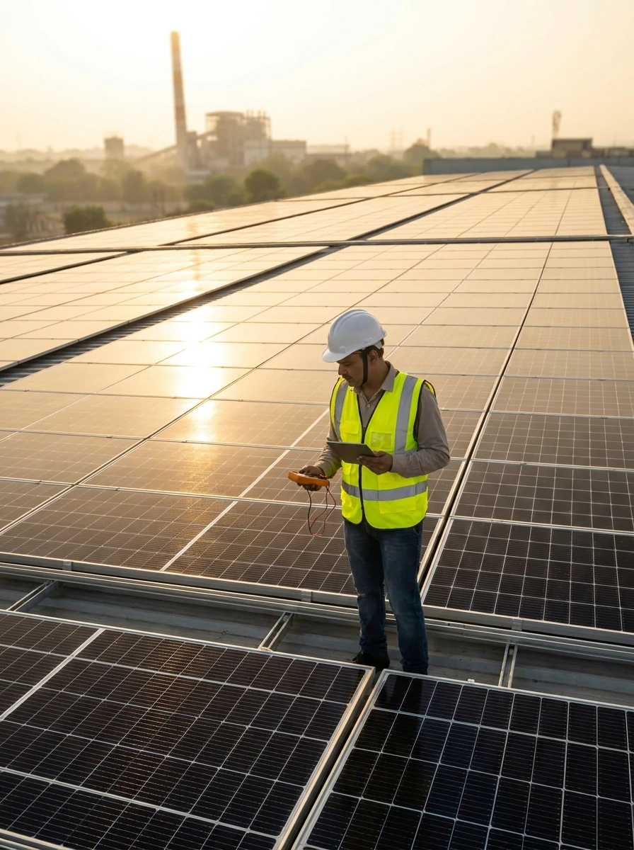 Powermore solar engineer inspecting a commercial rooftop installation in India
