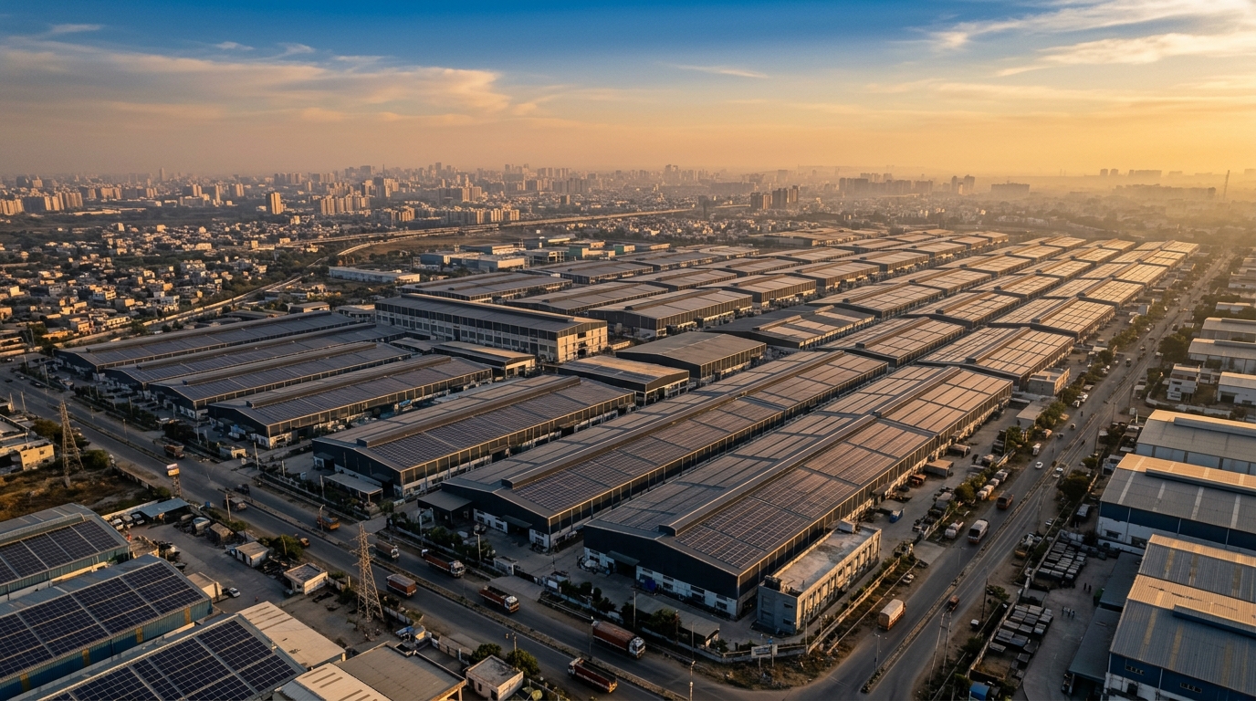 Industrial rooftop solar at sunrise