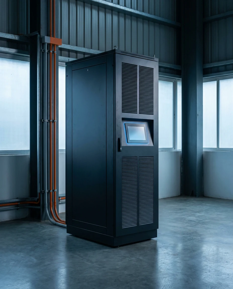 A Powermore BESS rack cabinet on an Indian factory floor