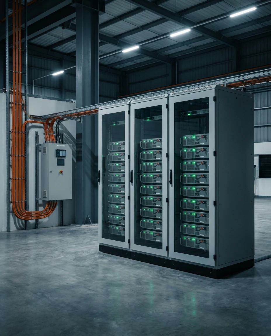Indian C&I facility electrical room with BESS rack cabinets and switchgear