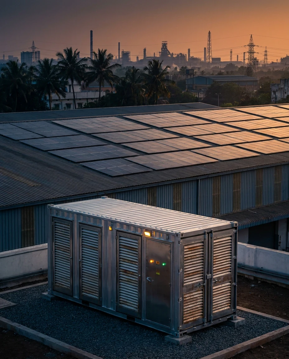 Indian commercial industrial estate with outdoor BESS container and rooftop solar at golden hour