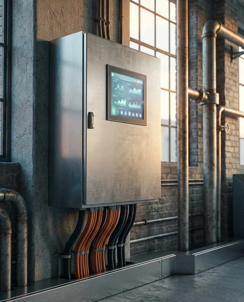 A Powermore PLC programmable logic controller cabinet at an Indian facility