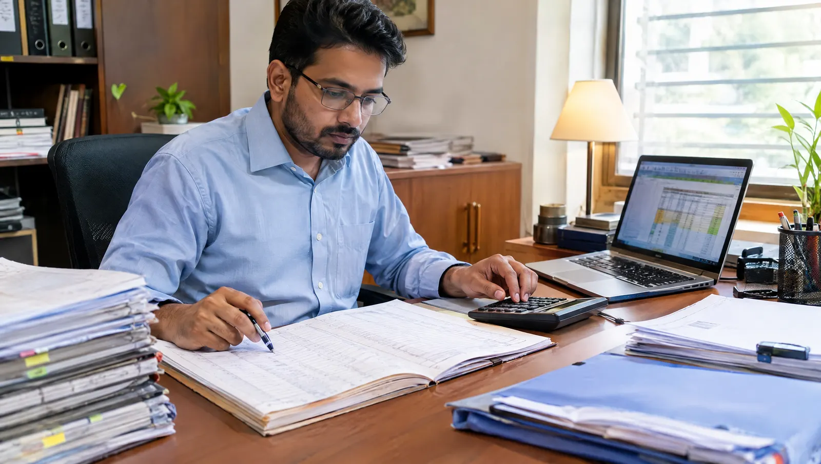 Chartered accountant working through a fixed asset register and invoices for a solar plant claim.