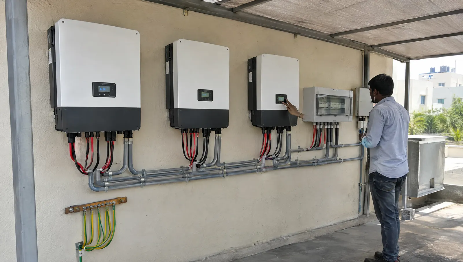 String inverters and an AC combiner box at an Indian commercial solar installation, recorded together with panels and structure as one asset block.