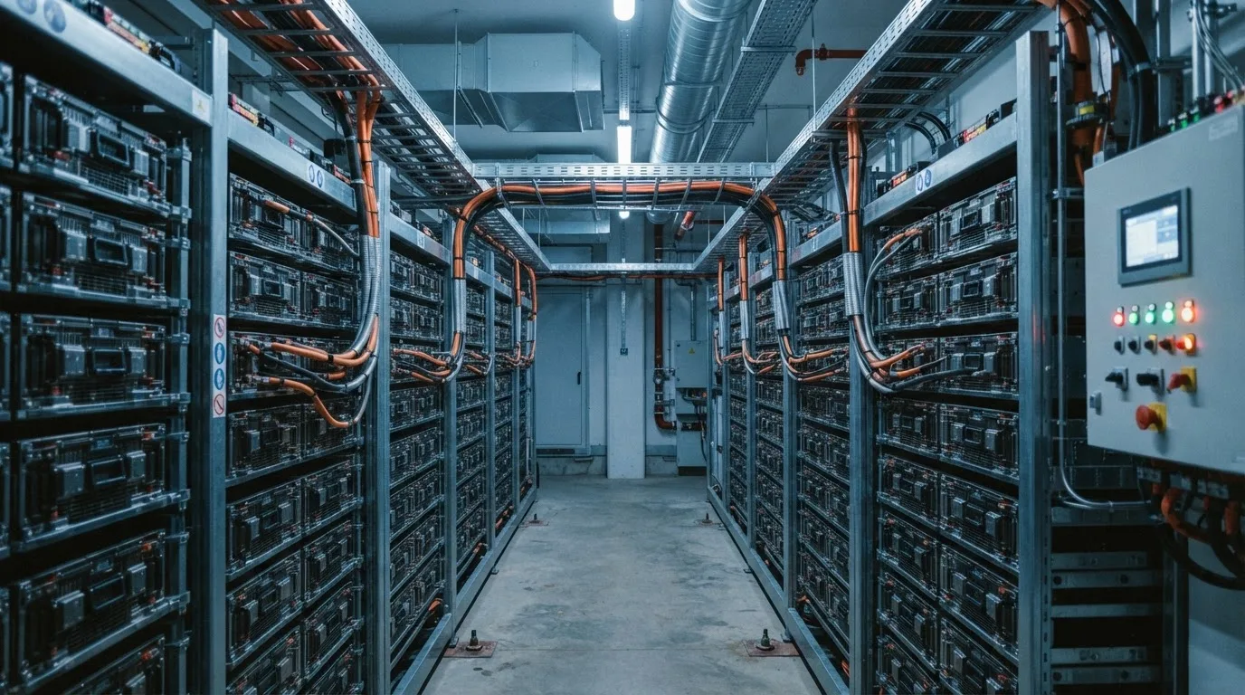 Commercial-scale battery storage cabinets alongside a solar plant, representing the hardware that CAPEX cost per kWh actually buys.