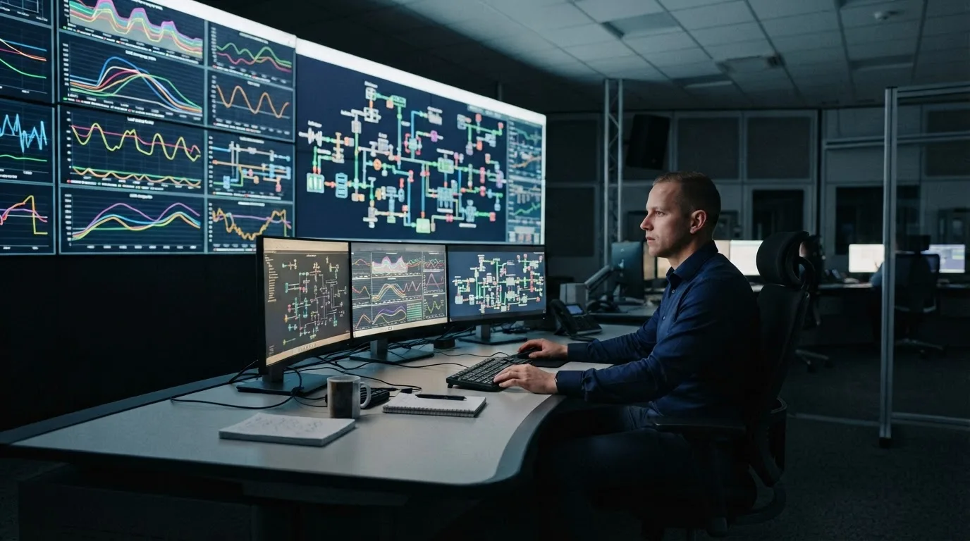 Control room dashboard showing real-time monitoring of a large-scale energy storage installation.