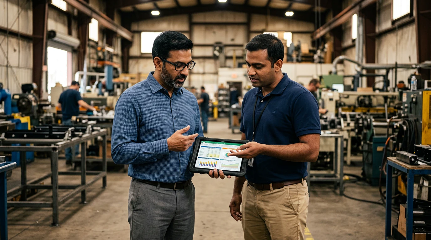 Indian business owner reviewing a solar CAPEX vs OPEX financial spreadsheet on a rugged tablet with a solar advisor on the shop floor of a manufacturing plant.