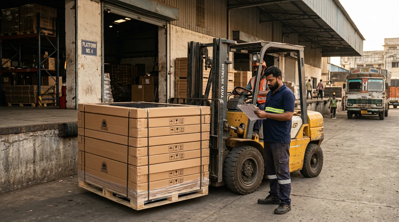 Stack of monocrystalline solar panel modules on pallets at an Indian industrial warehouse loading dock.