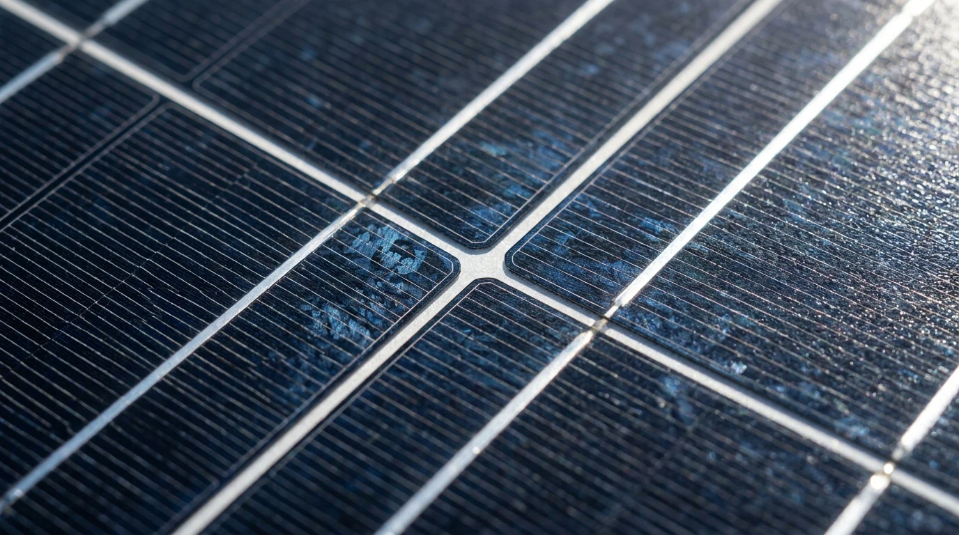Extreme close-up macro of a monocrystalline solar panel surface showing individual PERC cells with busbars and anti-reflective coating.