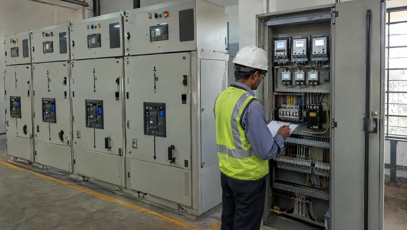 HT electrical room at an Indian factory with 11 kV breaker panels and a metering cubicle, where open access units are measured.