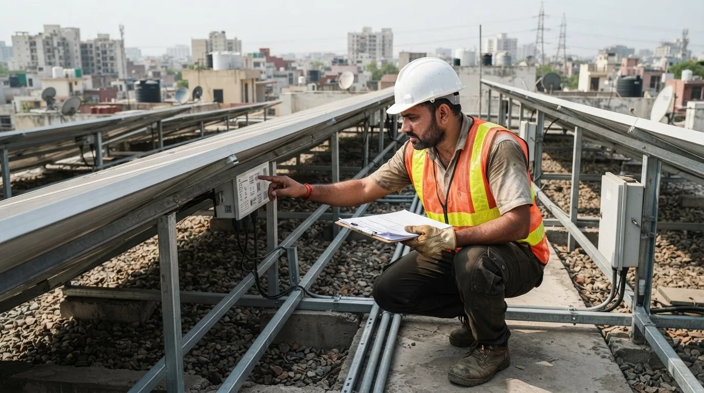 Solar engineer surveying a Delhi rooftop for shadow analysis and DISCOM-compliant installation planning.