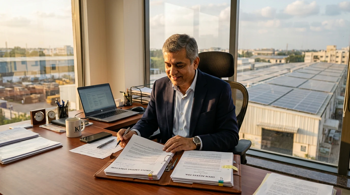 Indian factory owner at a desk reviewing two contract folders side-by-side — group captive structure and open-access PPA — with a solar plant visible through the window.