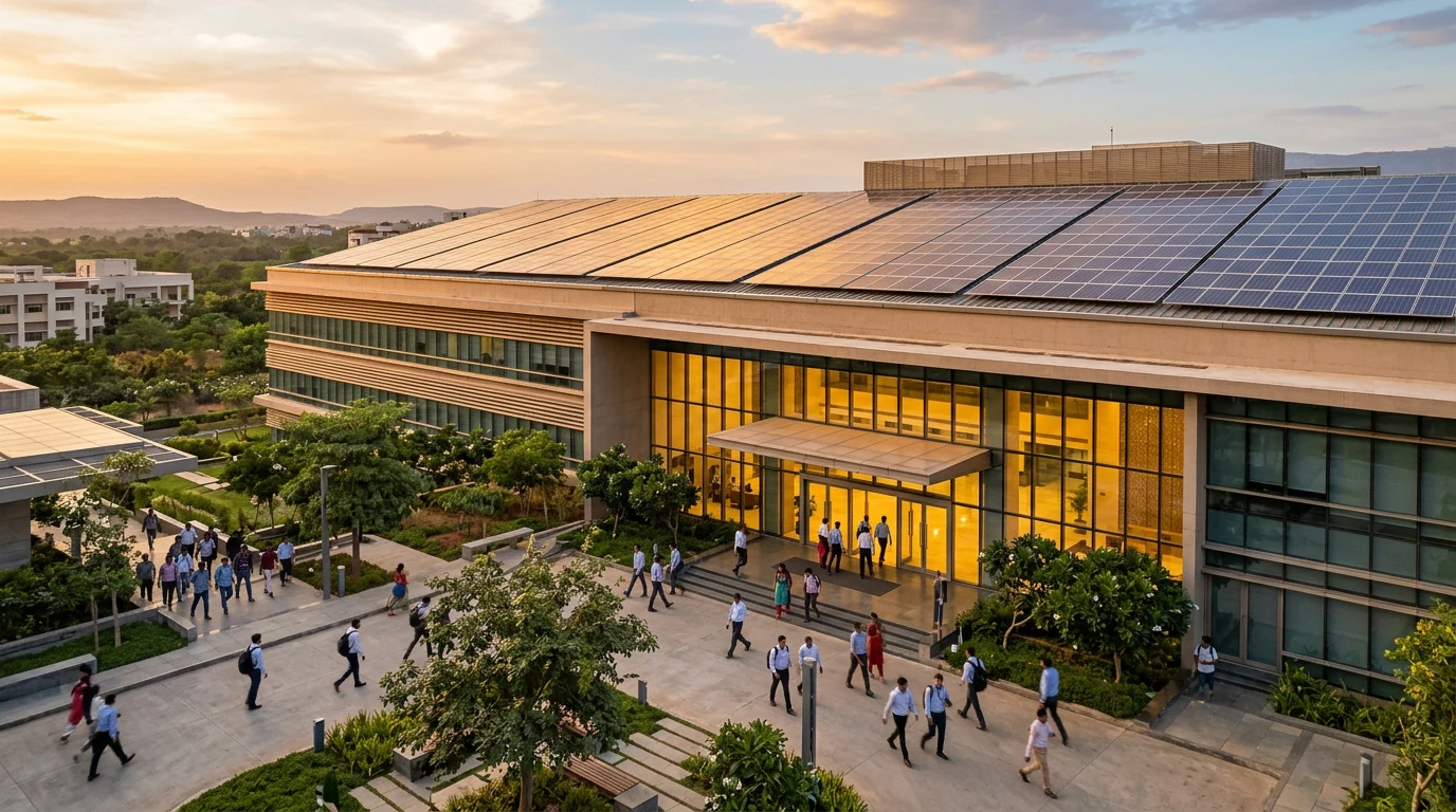 Indian corporate campus at golden hour with a large rooftop solar array on the main building and employees walking through the entrance courtyard.