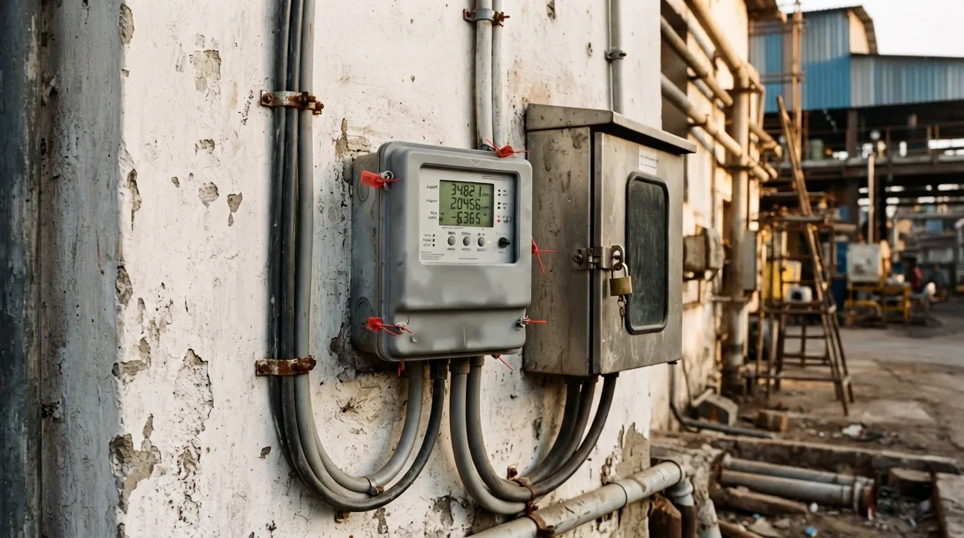 Bidirectional meter installed at an industrial facility as part of a rooftop net metering setup.