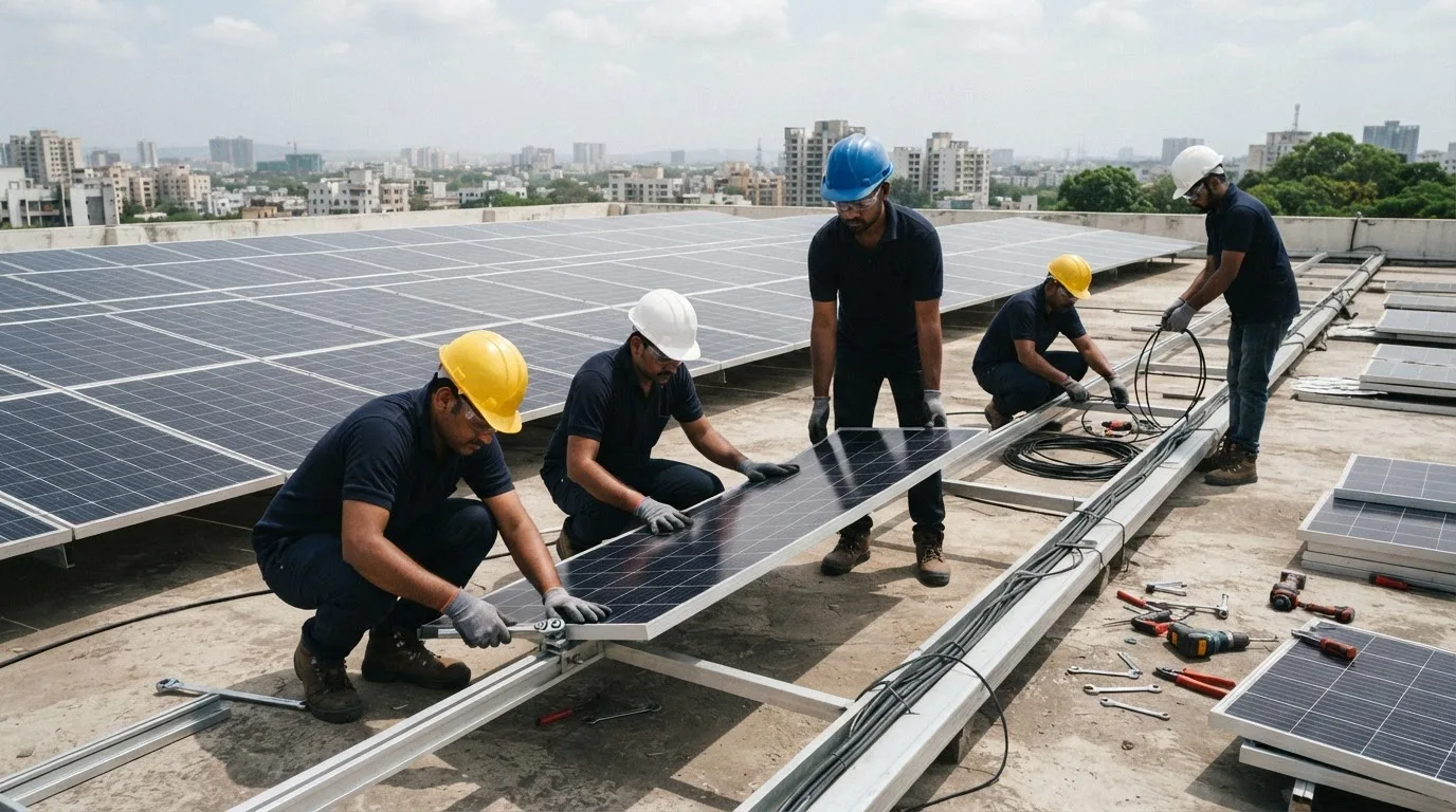 Installers and project engineers from an in-house EPC crew on a commercial rooftop project.