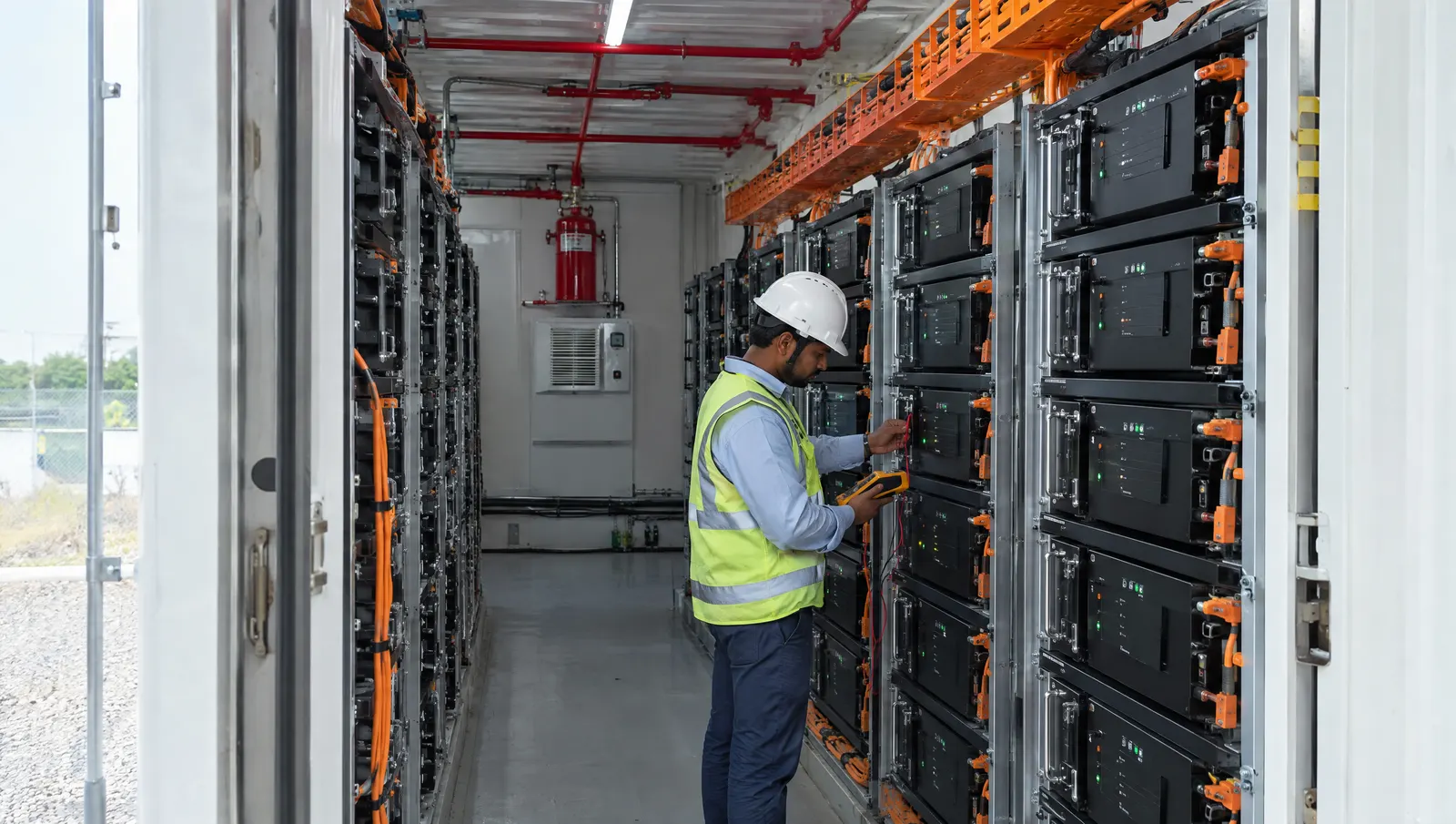 Technician inspecting rack-mounted LFP battery modules inside a battery energy storage container.