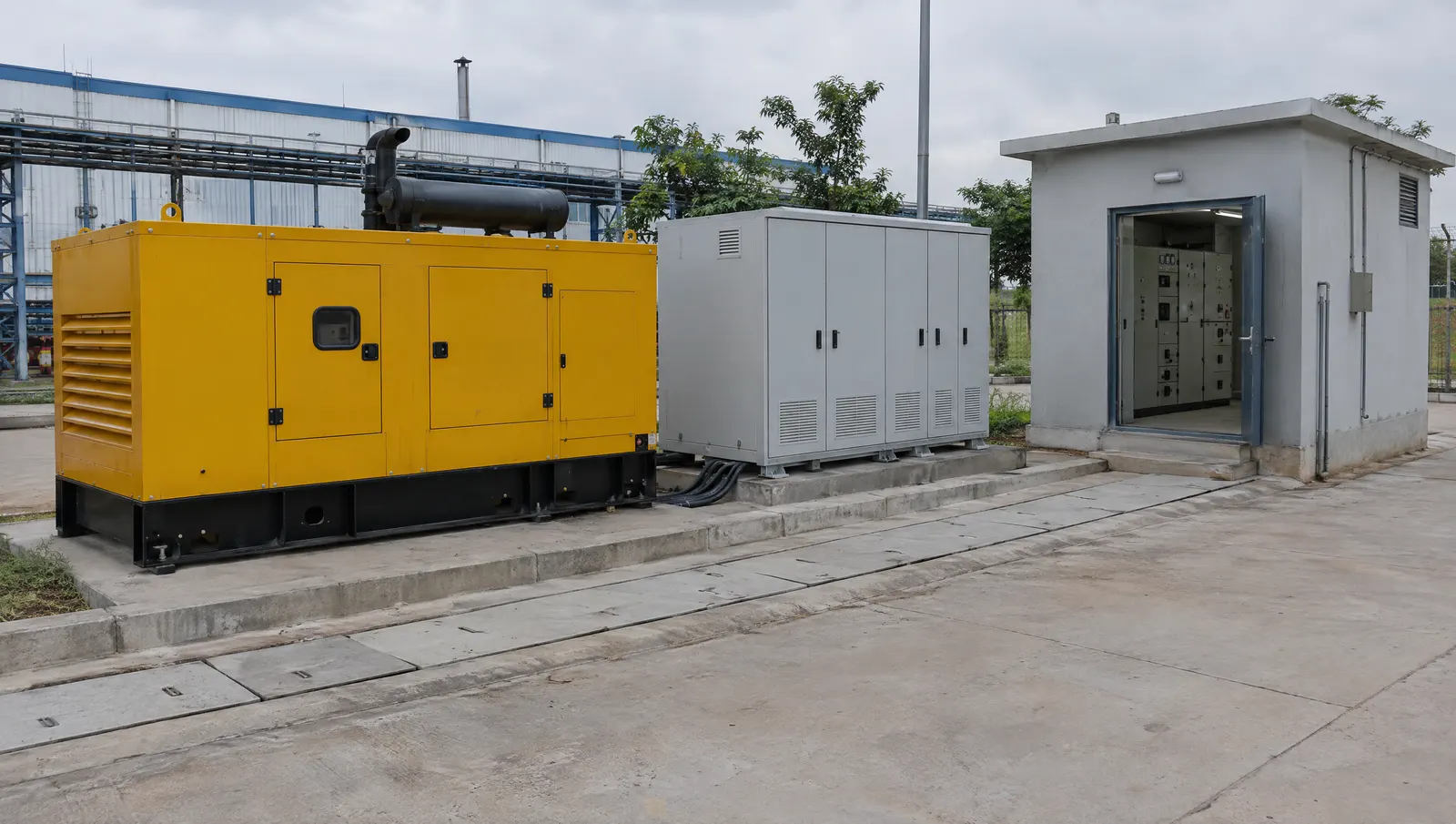Diesel generator set next to an outdoor battery storage cabinet at an Indian manufacturing plant.