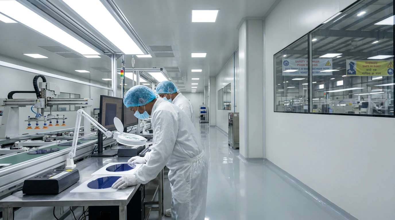 Technicians inspect monocrystalline solar cells inside an Indian manufacturing facility under ALMM List-II.