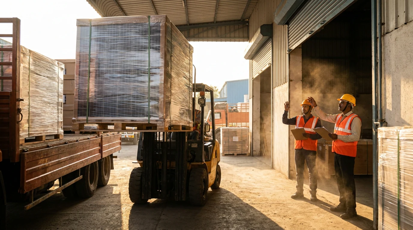 Solar modules being unloaded at an Indian logistics warehouse as procurement timelines tighten ahead of the ALMM transition.
