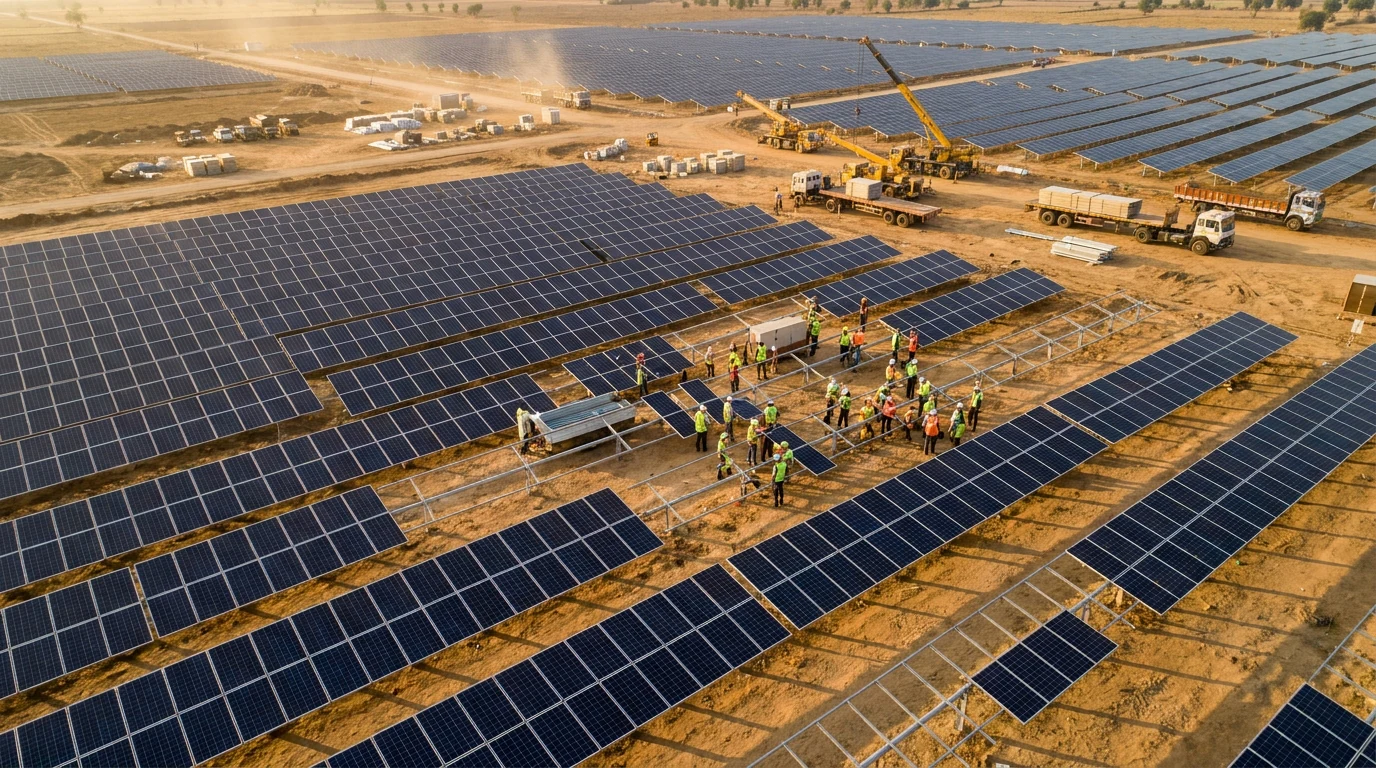 A large ground-mounted solar project under construction in India as domestic manufacturing capacity scales ahead of ALMM List-II.