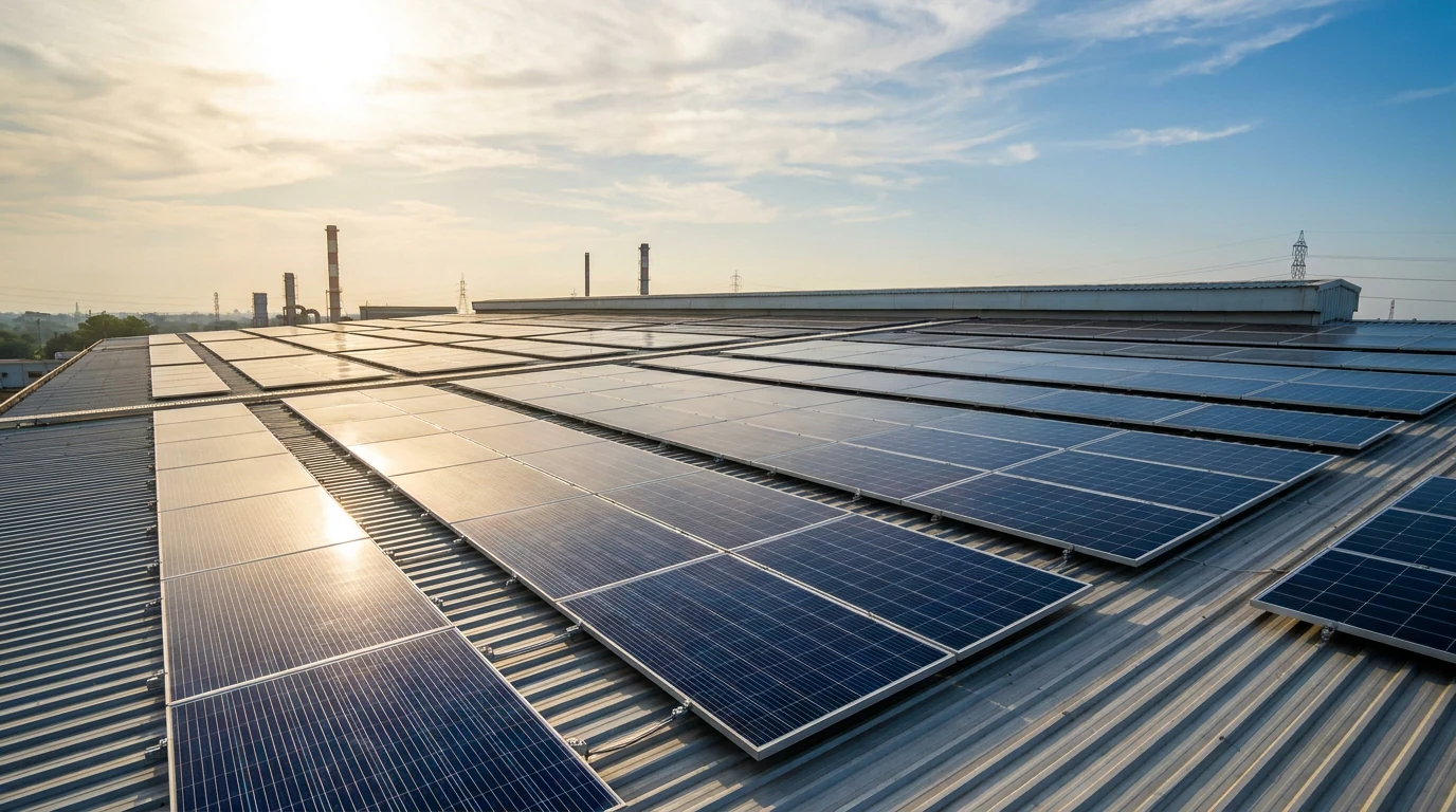 Aerial view of an Indian factory rooftop fully covered with monocrystalline solar panels — the business owning its solar asset outright.