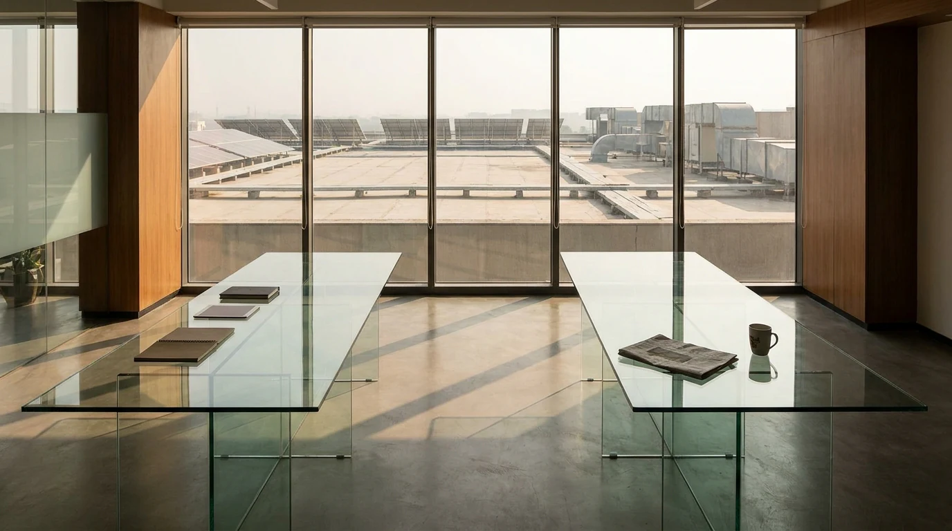 Modern Indian corporate office with two glass conference tables and a view of an industrial rooftop solar plant — the CAPEX vs OPEX decision framed against the site itself.