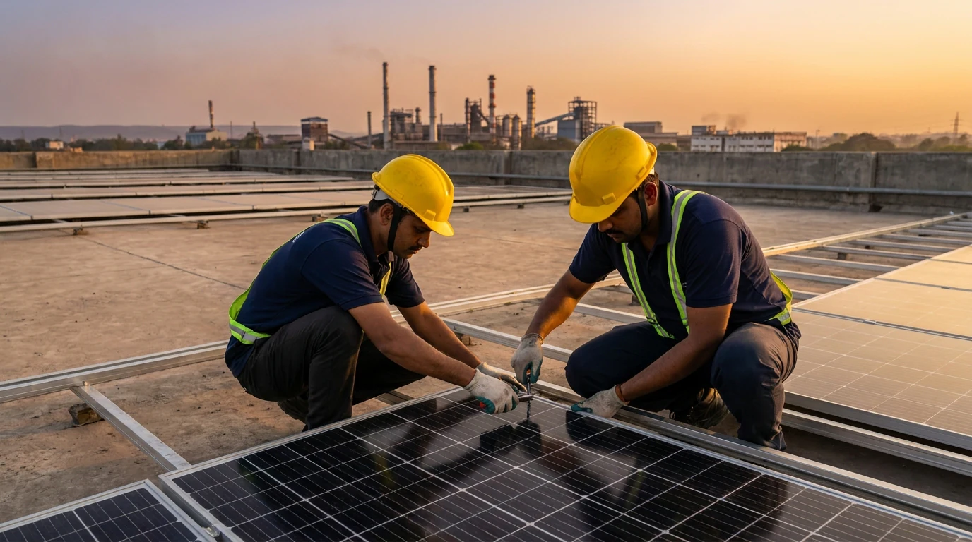 Indian solar installation team in navy Powermore polos and hard hats commissioning panels on a large commercial factory rooftop at golden hour.
