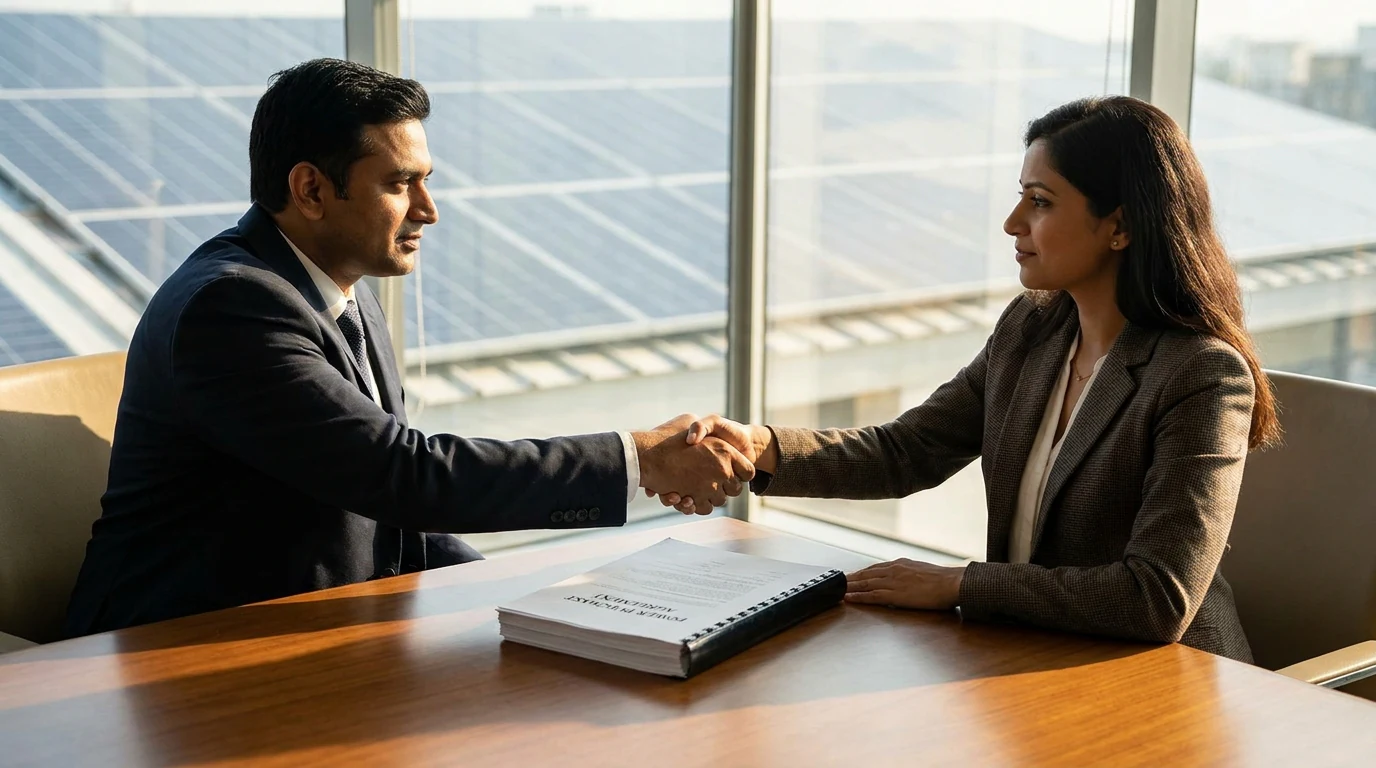 Two Indian business professionals shaking hands over a printed Power Purchase Agreement in a modern boardroom with a solar rooftop visible through the window.