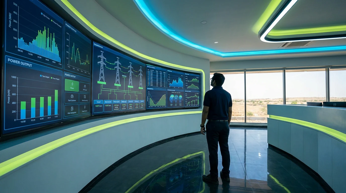 Solar plant operations control room in India with dashboards showing generation and transmission data across multiple offtake sites.
