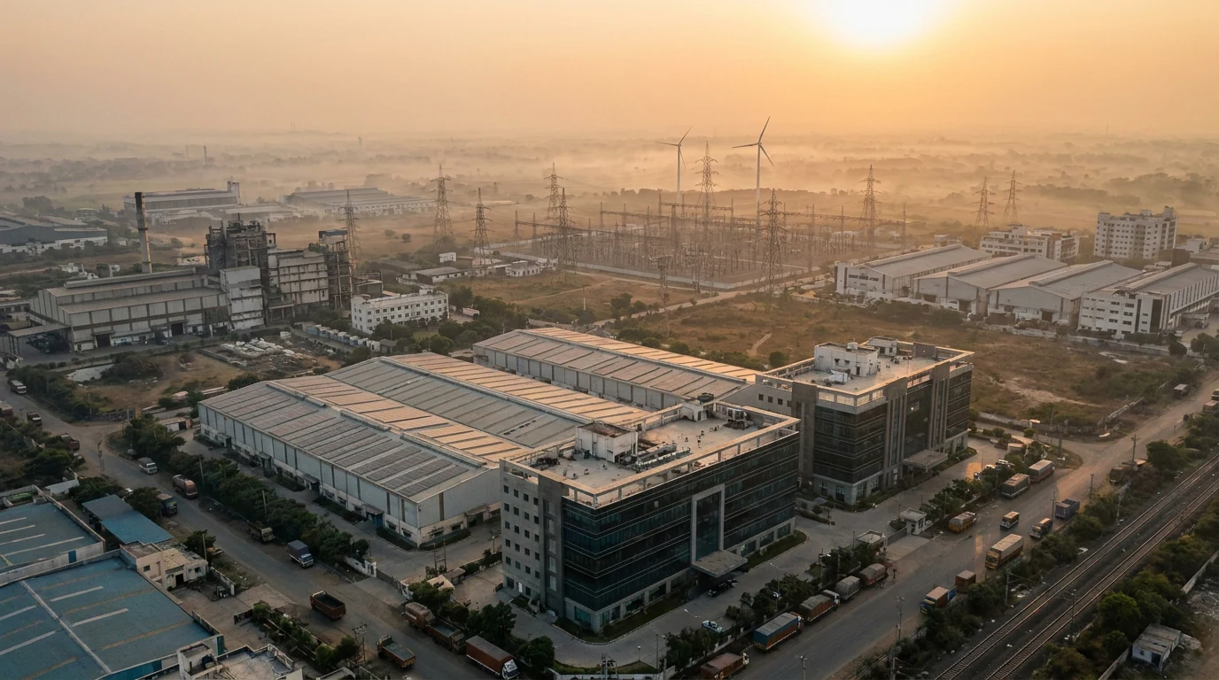 Aerial view of an Indian industrial park at golden hour with several factories and warehouses drawing renewable power from a shared solar source via overhead transmission lines.