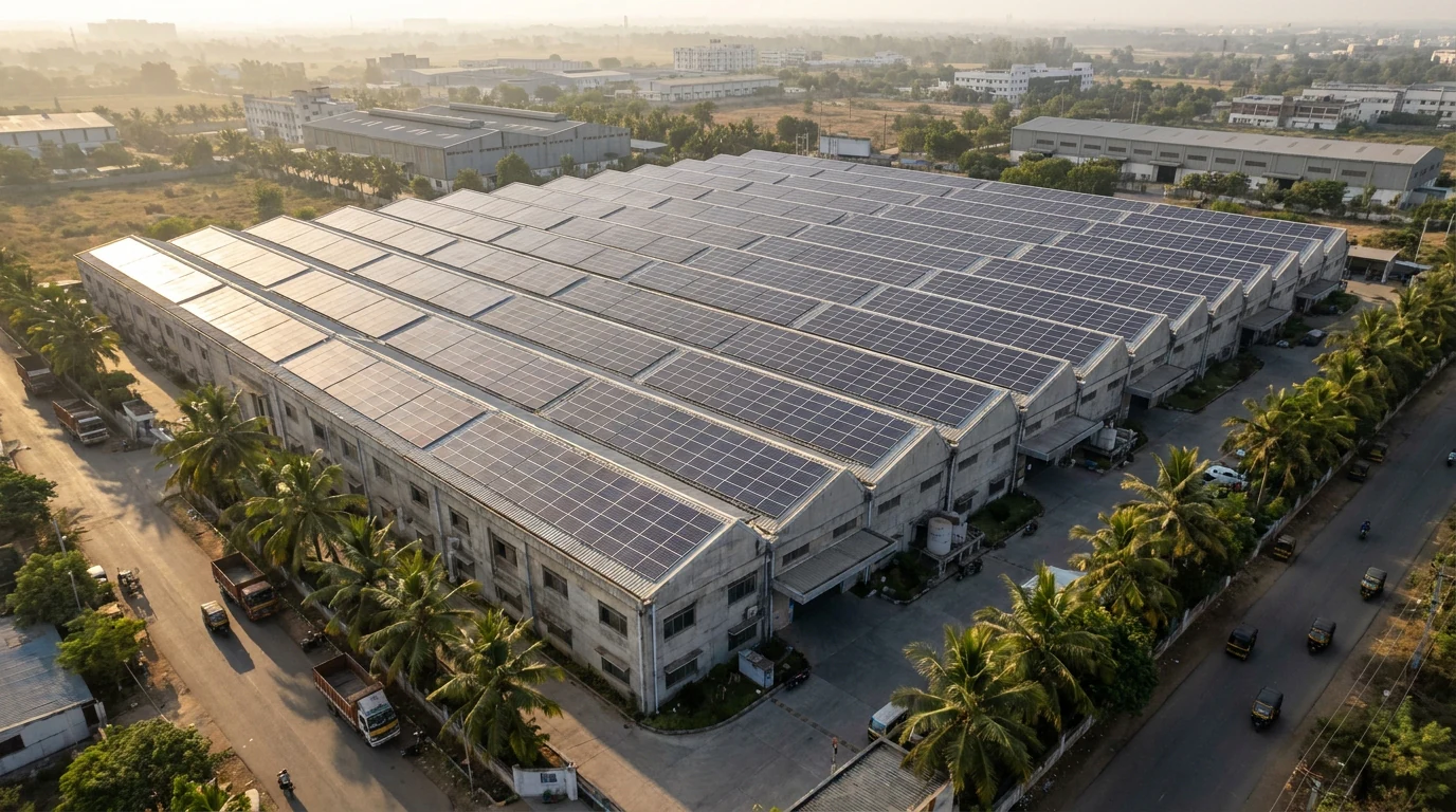 Aerial view of an Indian factory rooftop fully covered with solar panels — the kind of installation delivering 18–22% IRR in 2026.