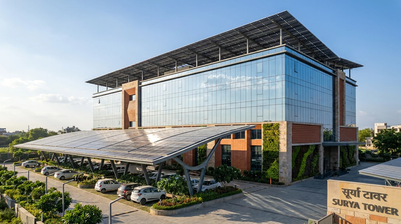 A modern Indian commercial building with rooftop solar and an integrated parking canopy — solar treated as long-term infrastructure rather than a one-off cost-saving measure.