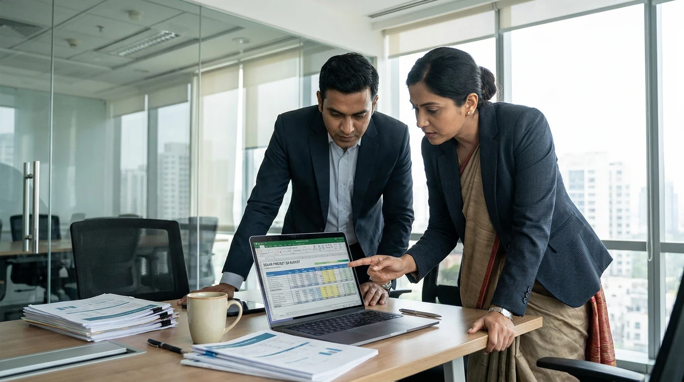 Indian business executives reviewing a commercial solar project budget on a laptop in a modern office setting.