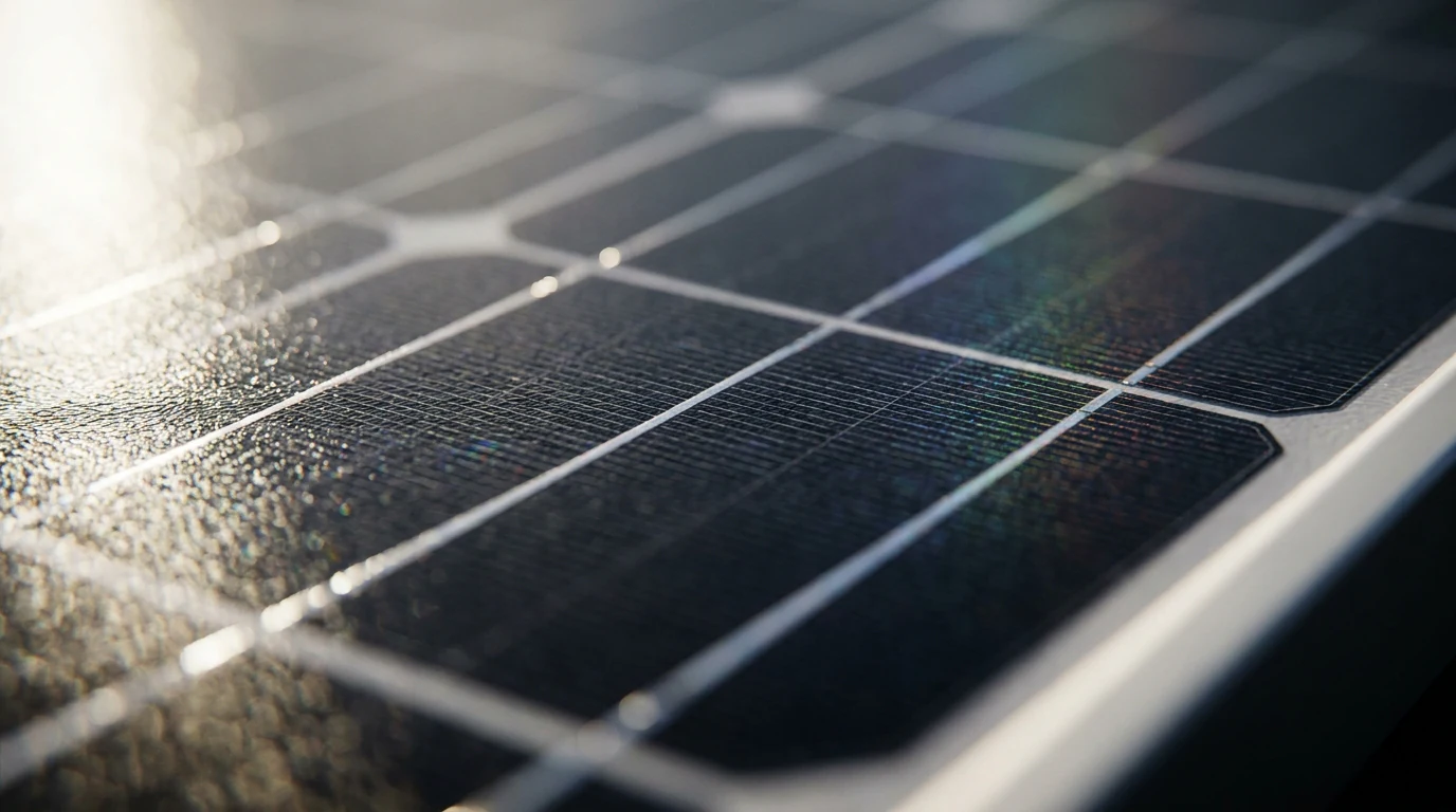 Close-up of a monocrystalline solar module showing the silver busbars and polysilicon cell layout that drive most of the module cost.