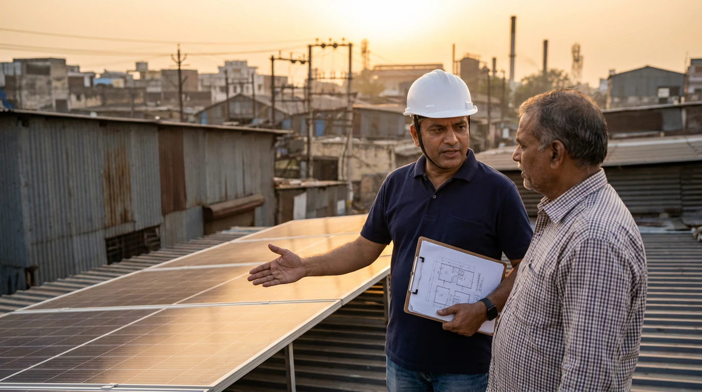 A Powermore solar engineer on an MSME rooftop walking the business owner through a freshly installed solar array at golden hour.