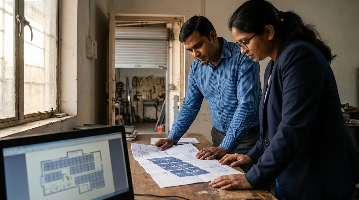 Two MSME business owners reviewing a printed solar proposal alongside a rooftop layout drawing on a laptop in a modest workshop office.