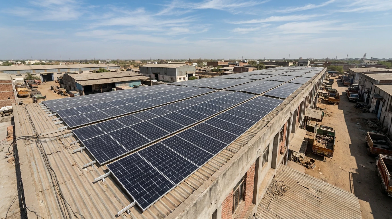 A typical Indian MSME building rooftop fully covered with monocrystalline solar panels on a clamp-fit mounting structure under midday sun.