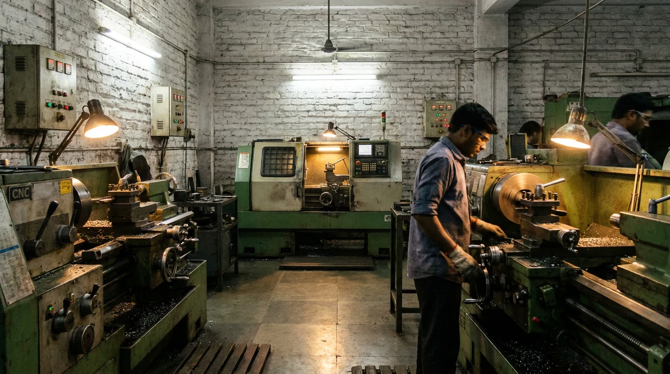 Inside a busy Indian MSME workshop with running CNC and lathe machines under mixed warm and cool lighting.