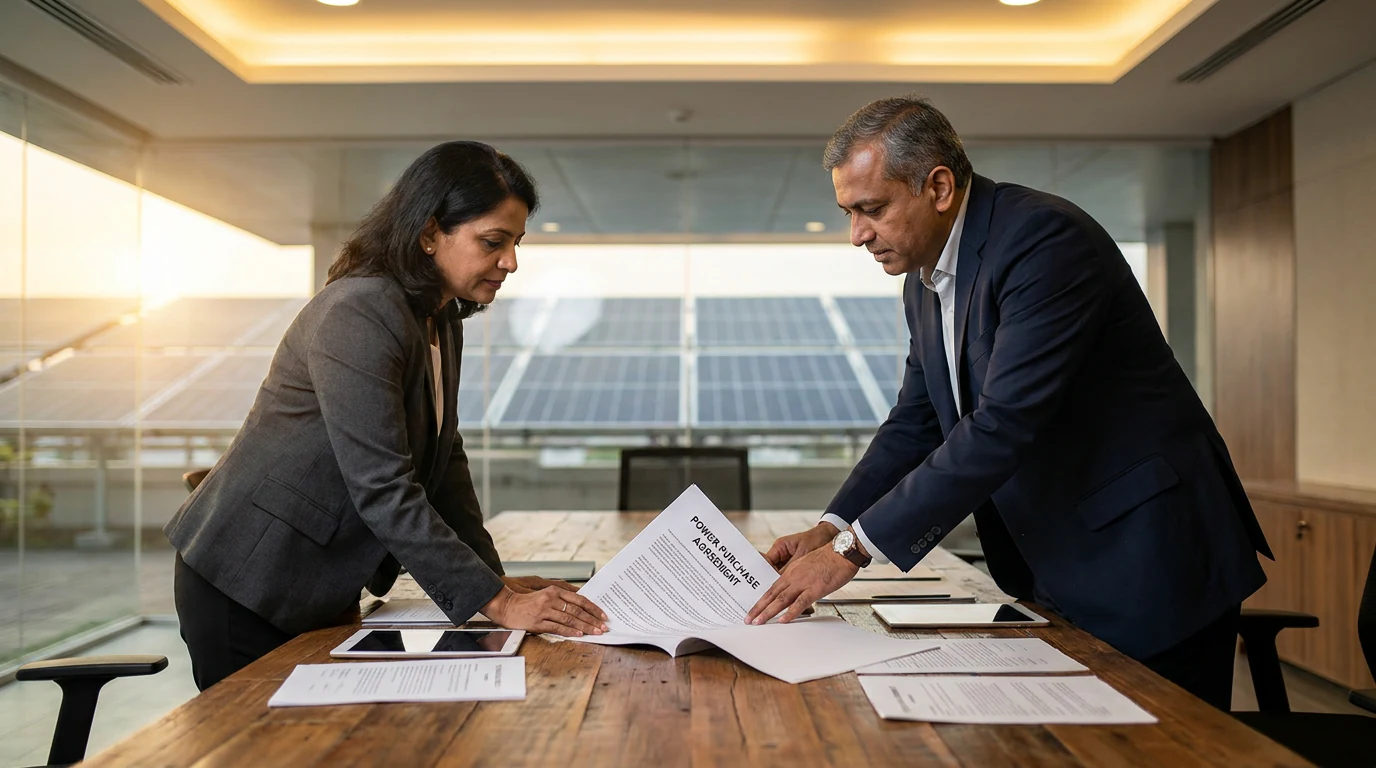 Two business executives reviewing a Power Purchase Agreement in a corporate boardroom, with a solar rooftop visible through the window.