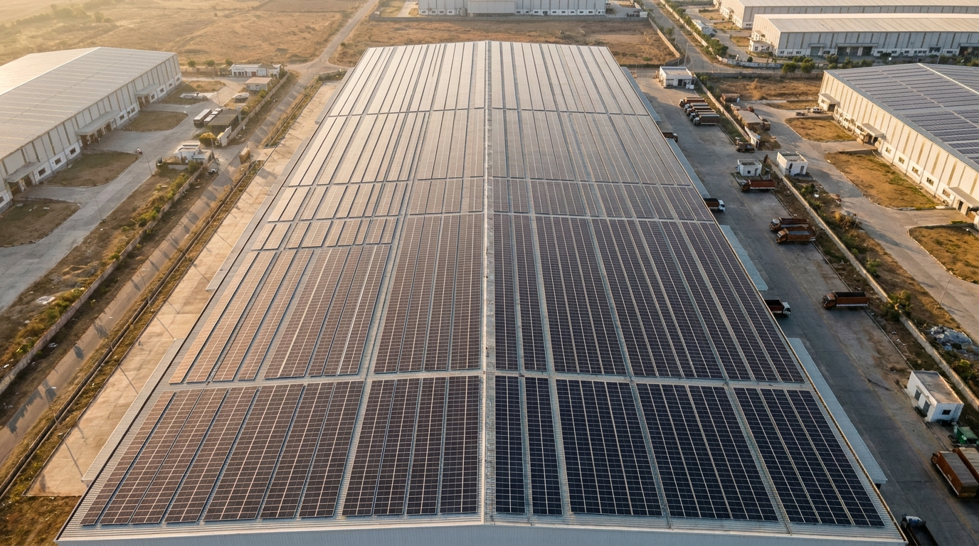 Aerial view of a large Indian logistics warehouse rooftop densely covered with monocrystalline solar panels at golden hour.