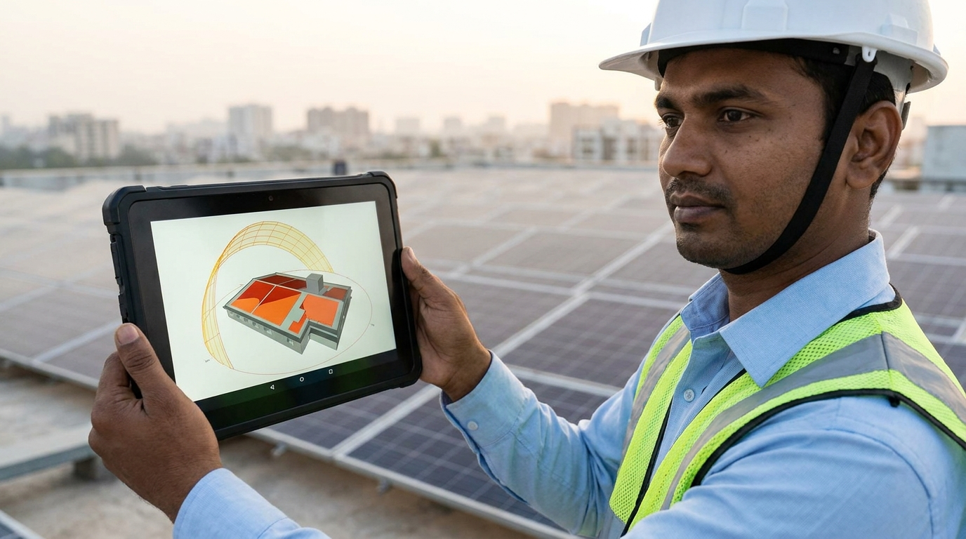 Indian solar engineer reviewing a 3D shadow-analysis simulation on a rugged tablet on a commercial rooftop.
