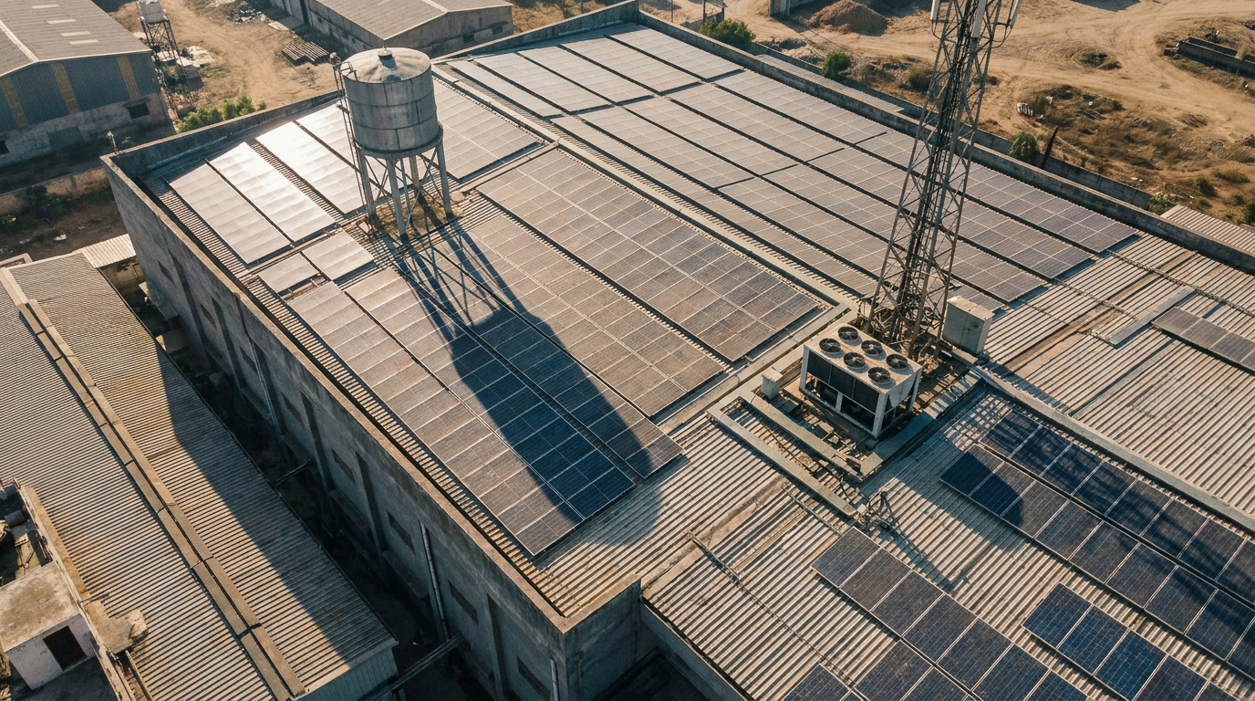 Aerial view of a complex Indian factory rooftop showing solar panels alongside water tanks, HVAC chillers, a telecom tower, and the long shadows they cast.