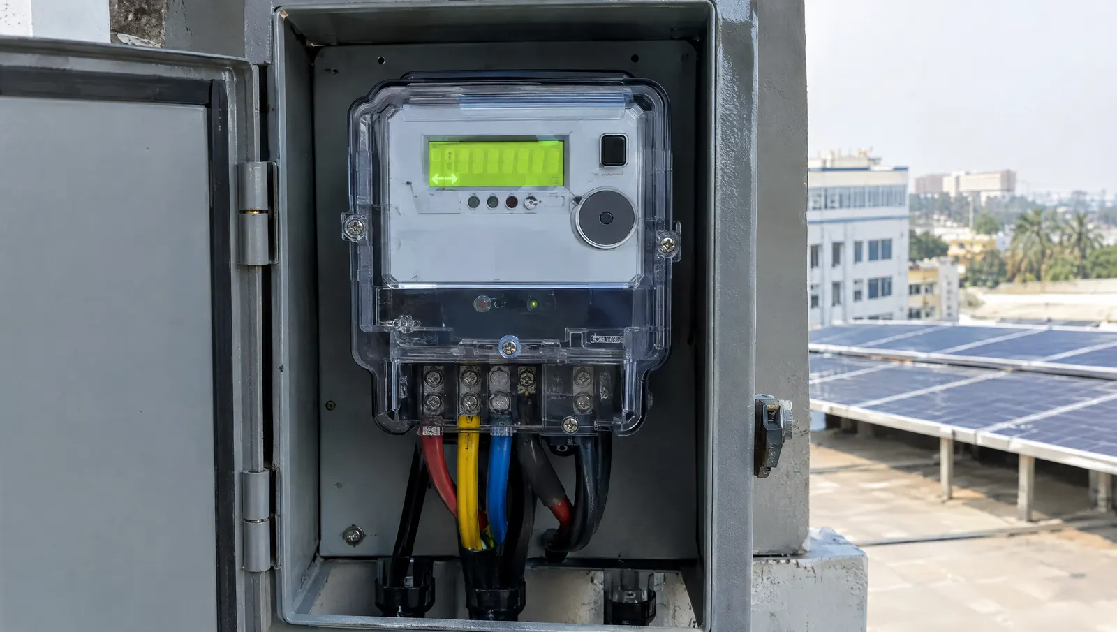 Bidirectional energy meter at an Indian commercial building with rooftop solar, recording both imports and exports.
